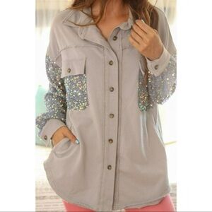 Fantastic Fawn French Terry Grey Sequin Sleeve Shacket Jacket